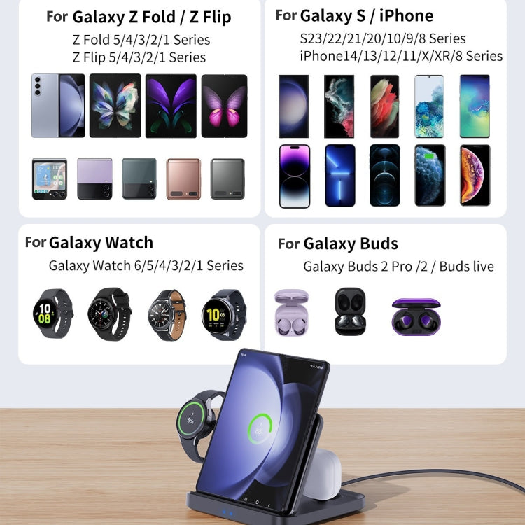 Carregador Sem Fios 3 em 1 para Telemóvel Samsung Galaxy Z Fold, Auriculares e Relógios Inteligentes, F16A