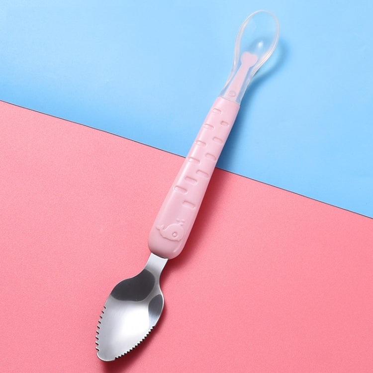 Colher dupla para bebé para raspar frutas, colher macia em silicone e aço inoxidável 304, rosa, azul, azul com caixa de armazenamento, rosa com caixa de armazenamento