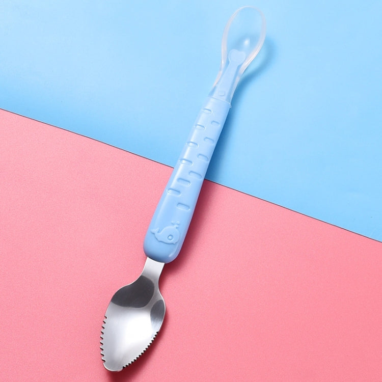 Colher dupla para bebé para raspar frutas, colher macia em silicone e aço inoxidável 304, rosa, azul, azul com caixa de armazenamento, rosa com caixa de armazenamento