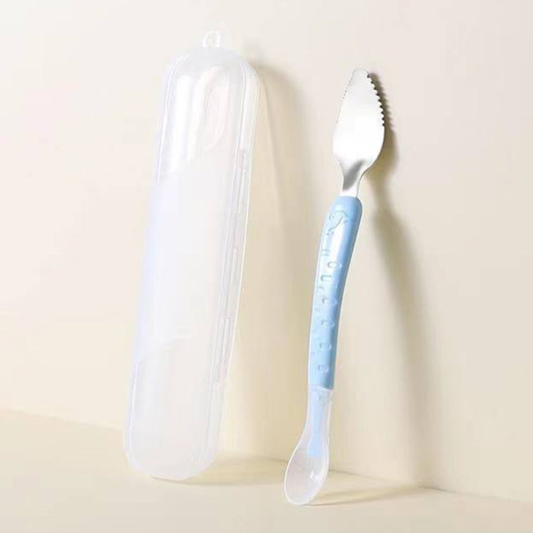 Colher dupla para bebé para raspar frutas, colher macia em silicone e aço inoxidável 304, rosa, azul, azul com caixa de armazenamento, rosa com caixa de armazenamento