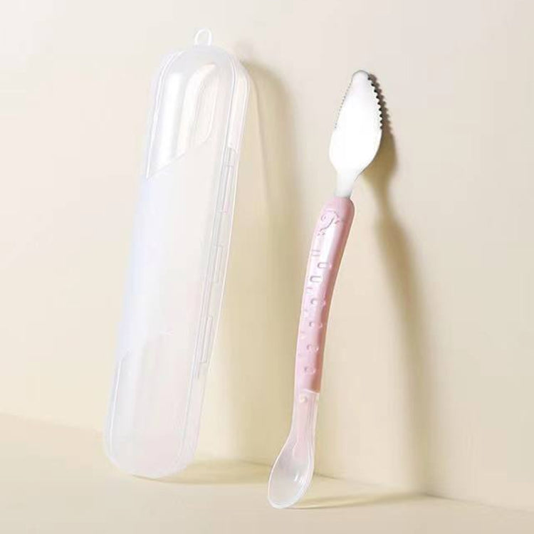 Colher dupla para bebé para raspar frutas, colher macia em silicone e aço inoxidável 304, rosa, azul, azul com caixa de armazenamento, rosa com caixa de armazenamento