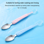 Colher dupla para bebé para raspar frutas, colher macia em silicone e aço inoxidável 304, rosa, azul, azul com caixa de armazenamento, rosa com caixa de armazenamento