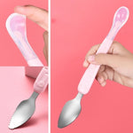 Colher dupla para bebé para raspar frutas, colher macia em silicone e aço inoxidável 304, rosa, azul, azul com caixa de armazenamento, rosa com caixa de armazenamento