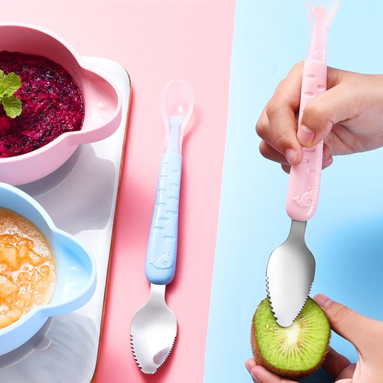 Colher dupla para bebé para raspar frutas, colher macia em silicone e aço inoxidável 304, rosa, azul, azul com caixa de armazenamento, rosa com caixa de armazenamento