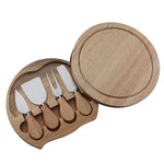 Conjunto de 4 peças de caixa redonda em carvalho com faca para queijo, espátula, talheres para queijo em aço inoxidável, cor aço, preto, dourado