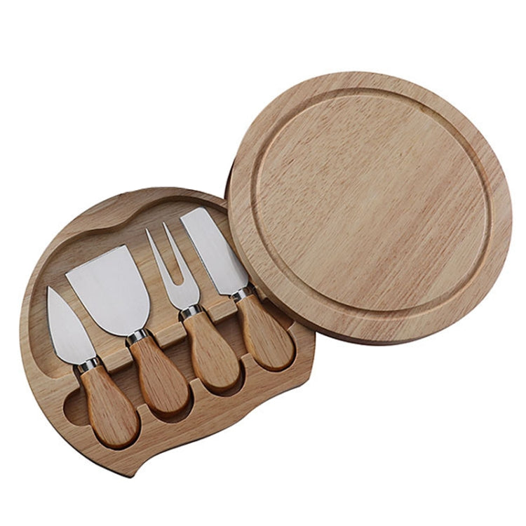 Conjunto de 4 peças de caixa redonda em carvalho com faca para queijo, espátula, talheres para queijo em aço inoxidável, cor aço, preto, dourado