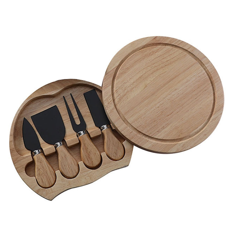 Conjunto de 4 peças de caixa redonda em carvalho com faca para queijo, espátula, talheres para queijo em aço inoxidável, cor aço, preto, dourado
