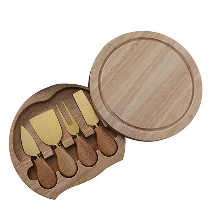 Conjunto de 4 peças de caixa redonda em carvalho com faca para queijo, espátula, talheres para queijo em aço inoxidável, cor aço, preto, dourado