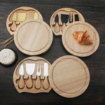 Conjunto de 4 peças de caixa redonda em carvalho com faca para queijo, espátula, talheres para queijo em aço inoxidável, cor aço, preto, dourado