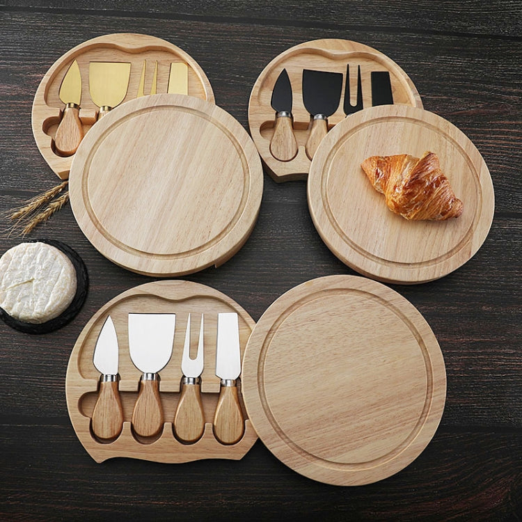 Conjunto de 4 peças de caixa redonda em carvalho com faca para queijo, espátula, talheres para queijo em aço inoxidável, cor aço, preto, dourado