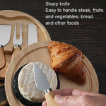 Conjunto de 4 peças de caixa redonda em carvalho com faca para queijo, espátula, talheres para queijo em aço inoxidável, cor aço, preto, dourado