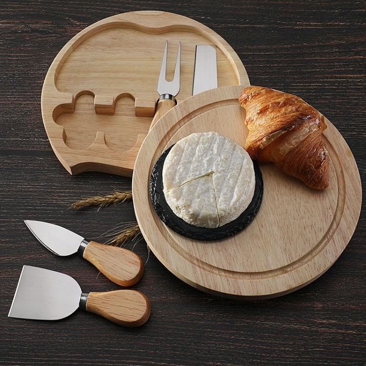 Conjunto de 4 peças de caixa redonda em carvalho com faca para queijo, espátula, talheres para queijo em aço inoxidável, cor aço, preto, dourado