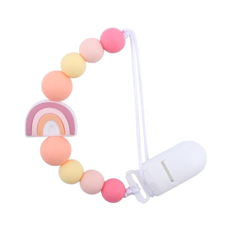 Baby Anti-drop Chain Pacifier Clips Silicone Rainbow Beads Dummy Holder Nipple Clip, Rainbow Pink, Rainbow Blue, Rainbow Purple
