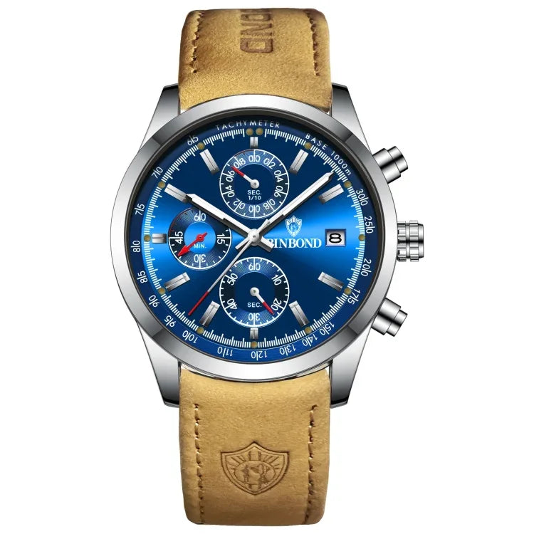 Relógio Multifuncional BINBOND B6022 Resistente à Água 30m com Luminoso, Correia de Couro-Branco Aço-Azul, Couro-Branco Aço-Branco, Aço-Branco, Aço-Preto, Aço-Preto-Azul