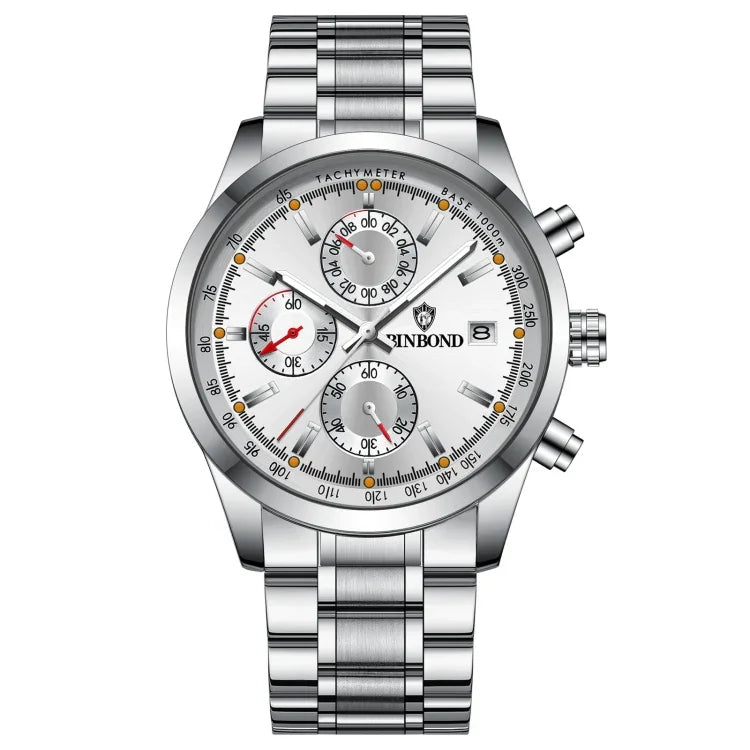 Relógio Multifuncional BINBOND B6022 Resistente à Água 30m com Luminoso, Correia de Couro-Branco Aço-Azul, Couro-Branco Aço-Branco, Aço-Branco, Aço-Preto, Aço-Preto-Azul