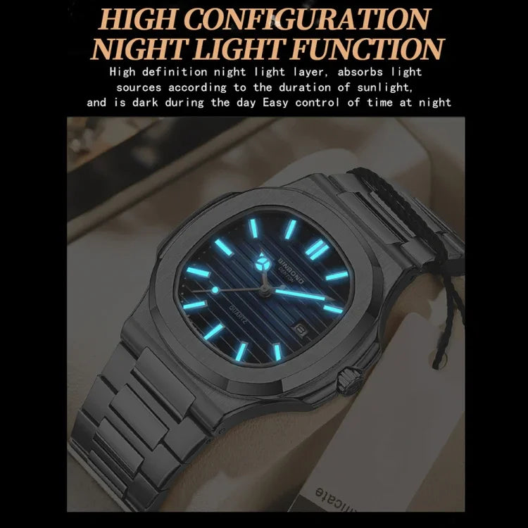 Relógio Masculino Retro BINBOND B1885 Resistente à Água 30m com Mostrador Quadrado Luminoso, Aço-Preto-Azul-Branco