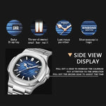 Relógio Masculino Retro BINBOND B1885 Resistente à Água 30m com Mostrador Quadrado Luminoso, Aço-Preto-Azul-Branco