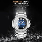 Relógio Masculino Retro BINBOND B1885 Resistente à Água 30m com Mostrador Quadrado Luminoso, Aço-Preto-Azul-Branco