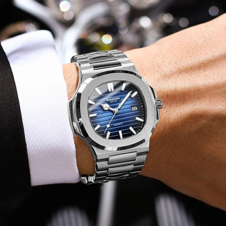 Relógio Masculino Retro BINBOND B1885 Resistente à Água 30m com Mostrador Quadrado Luminoso, Aço-Preto-Azul-Branco