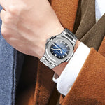 Relógio Masculino Retro BINBOND B1885 Resistente à Água 30m com Mostrador Quadrado Luminoso, Aço-Preto-Azul-Branco