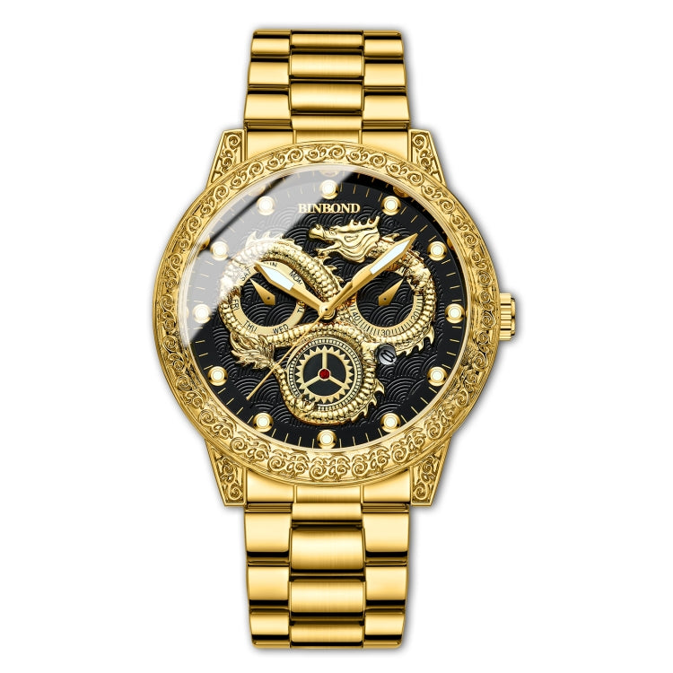 Relógio BINBOND B3030 com Dragão Relevo Luminoso Resistente à Água, Quartzo Dourado Total Preto, Aço-Branco Branco