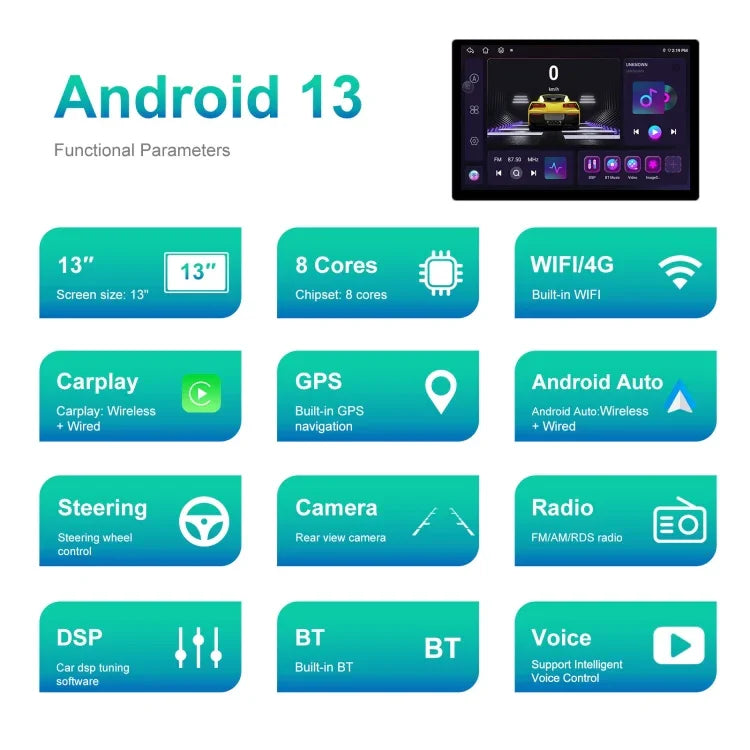 Navegador Android de Ecrã Grande 13,1 polegadas 4+64G com APK de Mapa Universal / Carplay / Imagem de Reversão, 13,1 polegadas