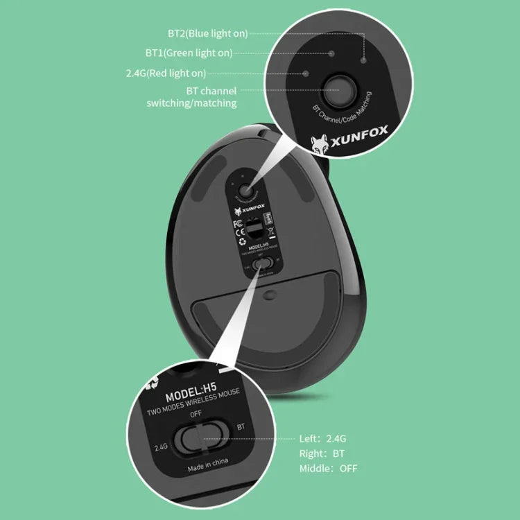 Rato Vertical Ergonómico XUNSVFOX H5, Rato Sem Fios Recarregável com Modo Duplo para Escritório e Negócios