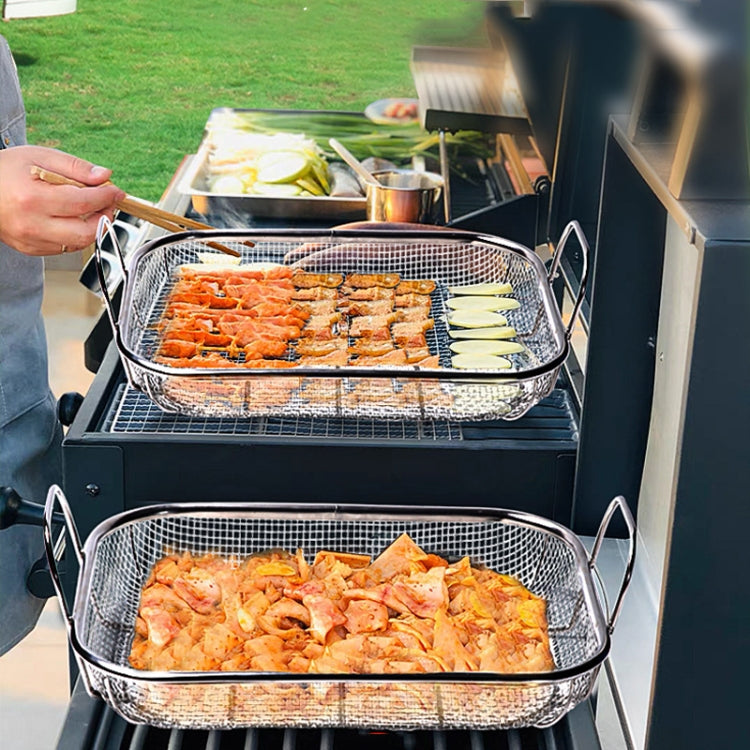 Cesto Quadrado para Churrasco em Aço Inoxidável com Cabo Elevado e Proteção Anti-Queimaduras, 42,5x28x10,5