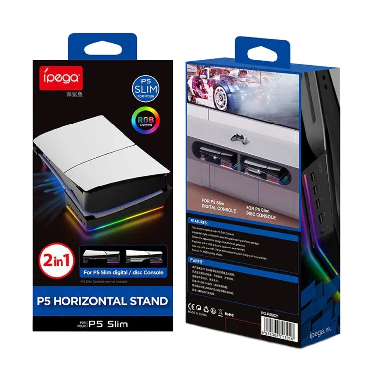Suporte horizontal com luz RGB e 4 HUBs USB para Sony PS5 Slim IPEGA PG-P5S021, branco