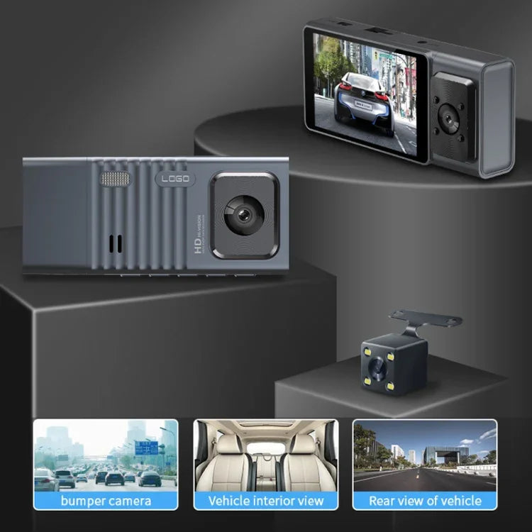 Câmara de Tablier para Carro WiFi com 3 Lentes, Ecrã IPS de 3 Polegadas, Câmara de Tablier 1080P com Visão Noturna para Carros, 32G, 64G