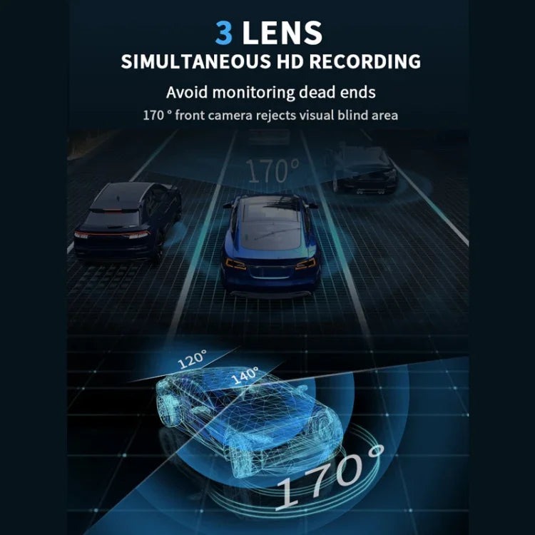 Câmara de Tablier para Carro WiFi com 3 Lentes, Ecrã IPS de 3 Polegadas, Câmara de Tablier 1080P com Visão Noturna para Carros, 32G, 64G