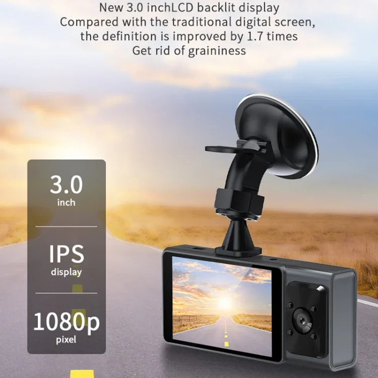 Câmara de Tablier para Carro WiFi com 3 Lentes, Ecrã IPS de 3 Polegadas, Câmara de Tablier 1080P com Visão Noturna para Carros, 32G, 64G