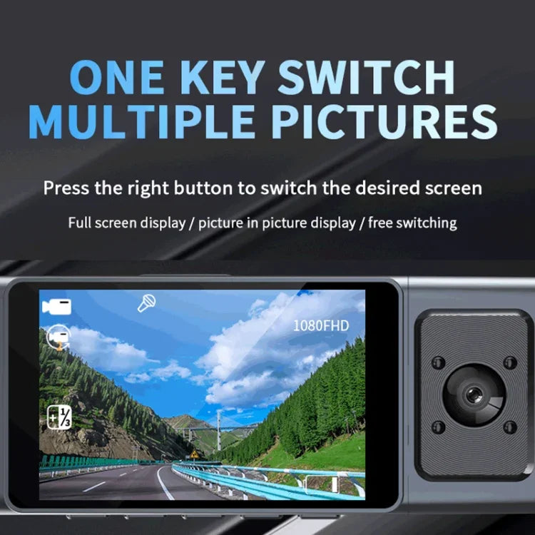 Câmara de Tablier para Carro WiFi com 3 Lentes, Ecrã IPS de 3 Polegadas, Câmara de Tablier 1080P com Visão Noturna para Carros, 32G, 64G