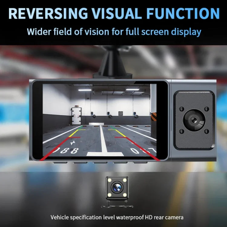 Câmara de Tablier para Carro WiFi com 3 Lentes, Ecrã IPS de 3 Polegadas, Câmara de Tablier 1080P com Visão Noturna para Carros, 32G, 64G