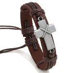 Pulseira Personalizada Vintage de Couro Trançado, Pulseira Simples Ajustável com Cruz de Puxar