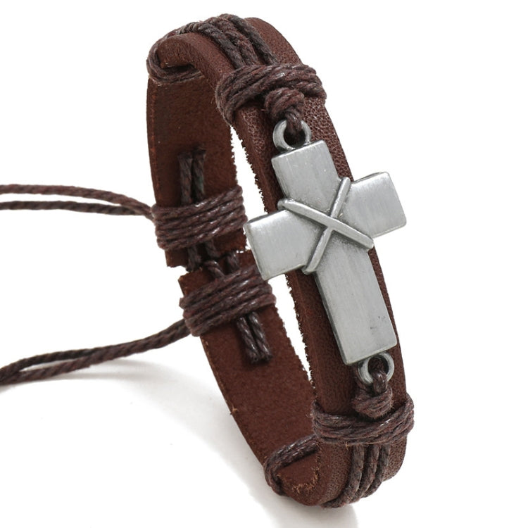 Pulseira Personalizada Vintage de Couro Trançado, Pulseira Simples Ajustável com Cruz de Puxar