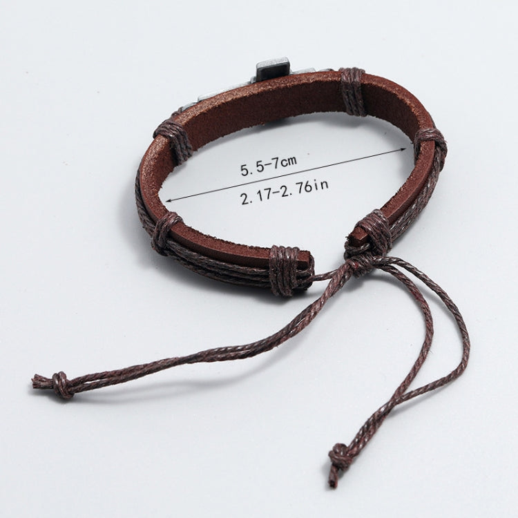 Pulseira Personalizada Vintage de Couro Trançado, Pulseira Simples Ajustável com Cruz de Puxar