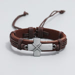 Pulseira Personalizada Vintage de Couro Trançado, Pulseira Simples Ajustável com Cruz de Puxar