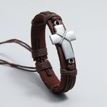 Pulseira Personalizada Vintage de Couro Trançado, Pulseira Simples Ajustável com Cruz de Puxar