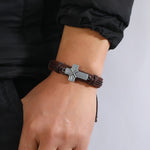 Pulseira Personalizada Vintage de Couro Trançado, Pulseira Simples Ajustável com Cruz de Puxar