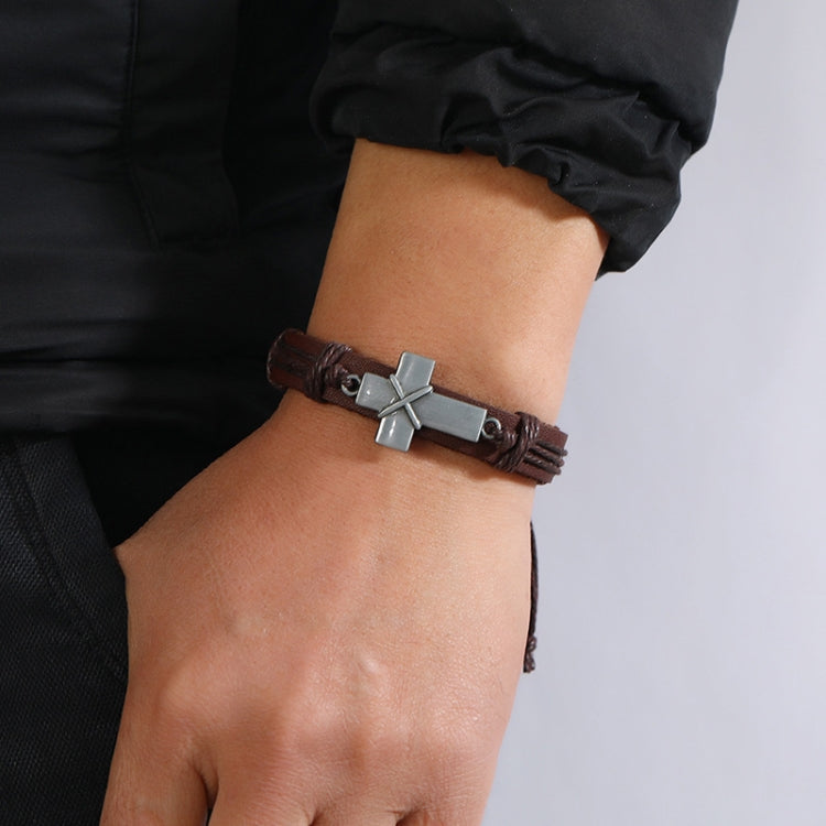 Pulseira Personalizada Vintage de Couro Trançado, Pulseira Simples Ajustável com Cruz de Puxar