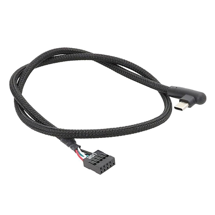 Cabo de Dados USB 9 Pinos para Tipo-C com Cotovelo para Placa-Mãe, Cabo de Rede Trançado, Cotovelo 60cm