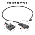 Cabo de Dados USB 9 Pinos para Tipo-C com Cotovelo para Placa-Mãe, Cabo de Rede Trançado, Cotovelo 60cm