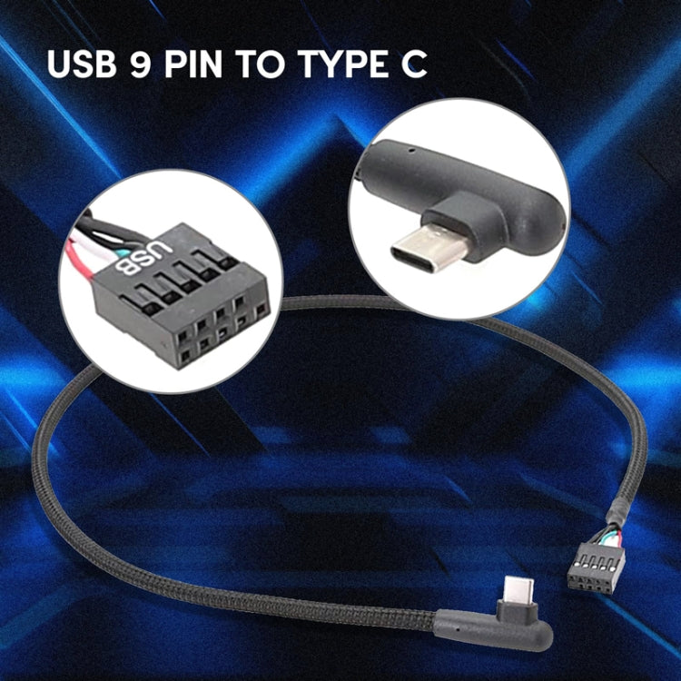 Cabo de Dados USB 9 Pinos para Tipo-C com Cotovelo para Placa-Mãe, Cabo de Rede Trançado, Cotovelo 60cm