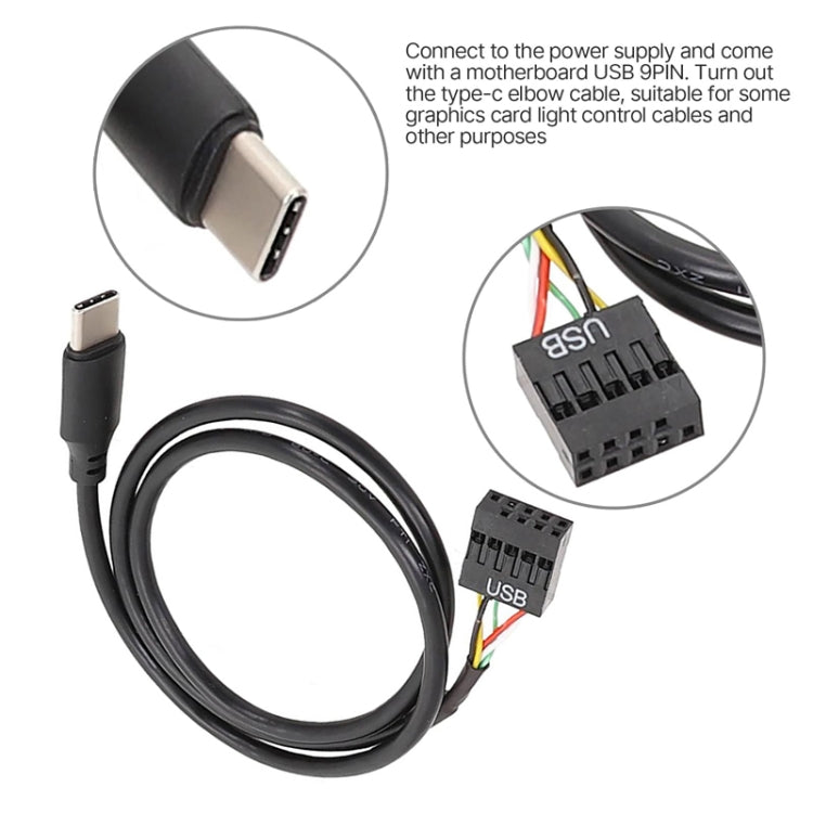Cabo de Dados USB 9 Pinos para Tipo-C Reto para Placa-Mãe, Cabo Duplamente Blindado, 50cm Reto
