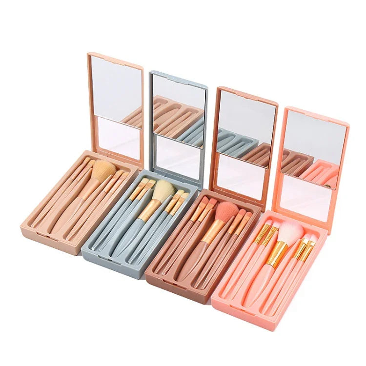 Conjunto de 5 em 1 com Espelho com Janela Estojo Portátil Mini Multifuncional para Pincéis de Maquilhagem Ferramenta Cosmética, Cor Pasta de Feijão, Rosa, Azul