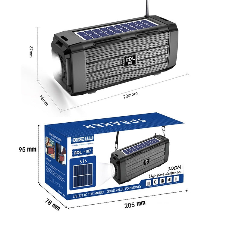 Coluna Bluetooth Solar LED BDL-187 Portátil para Camping ao Ar Livre com Rádio FM