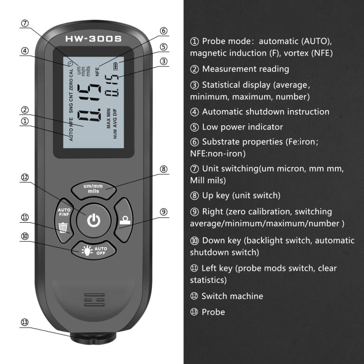 Medidor de Espessura de Revestimento de Alta Precisão HW-300S Medidor de Filme de Tinta Antiderrapante, Ecrã Horizontal Laranja, Ecrã Vertical Laranja, Ecrã Horizontal Preto, Ecrã Vertical Preto