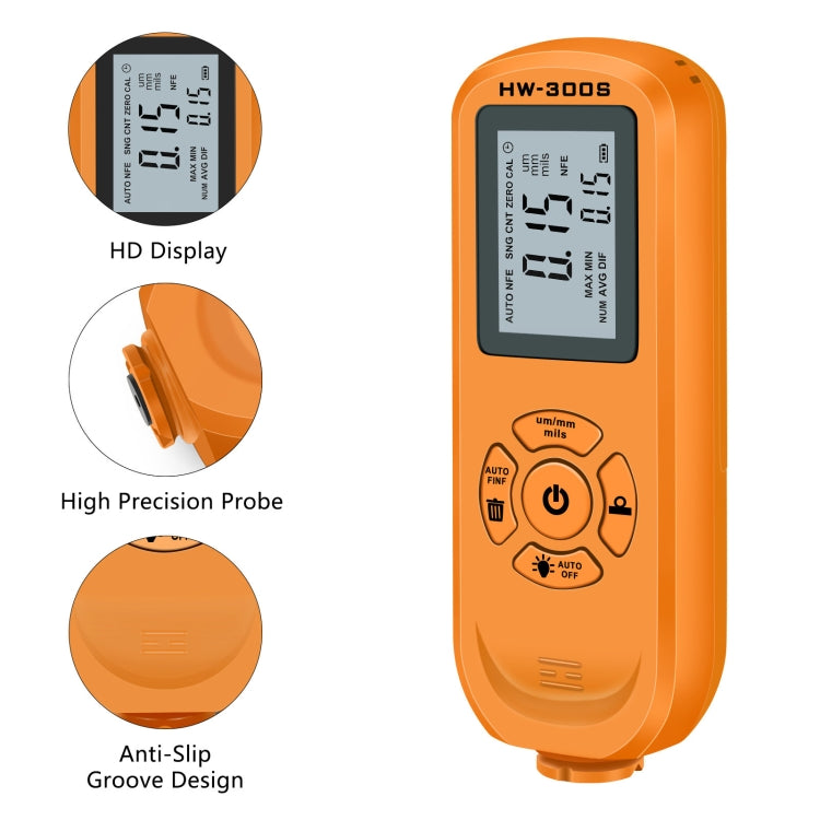 Medidor de Espessura de Revestimento de Alta Precisão HW-300S Medidor de Filme de Tinta Antiderrapante, Ecrã Horizontal Laranja, Ecrã Vertical Laranja, Ecrã Horizontal Preto, Ecrã Vertical Preto