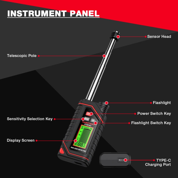 Detector de gás portátil recarregável HABOTEST, HT629